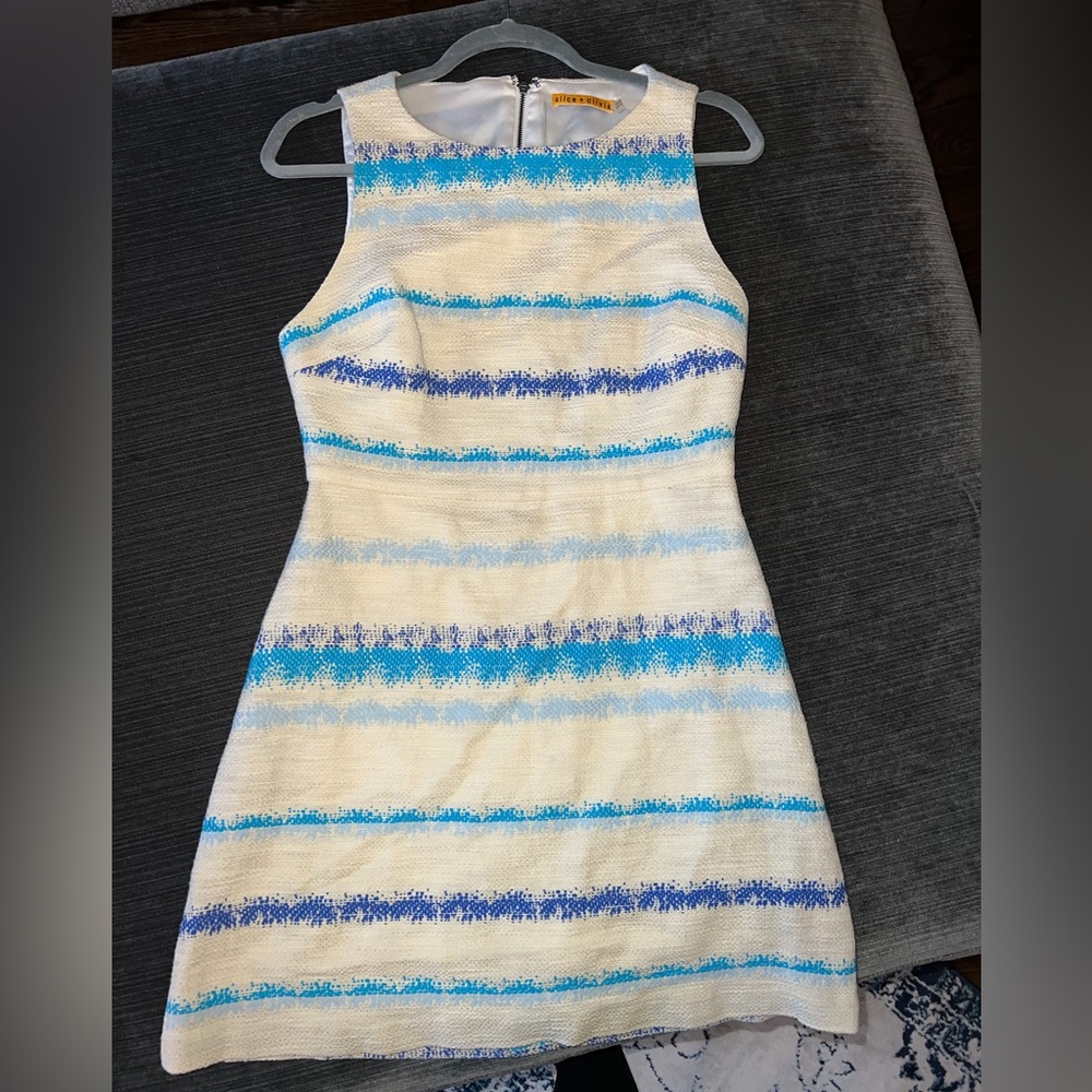 Alice + Olivia cream and blue midi dress